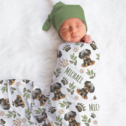 Personalized Rottweiler Puppy Swaddle Blanket Dog Name Baby Blanket Newborn Baby Boy Coming Home Outfit Dog Lover Gift Baby Shower Gift