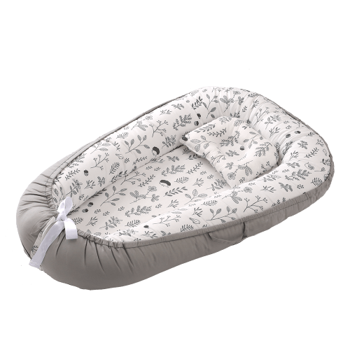 Lullaby Dreams Baby Nest With Pillow Grey Leaves White/grey