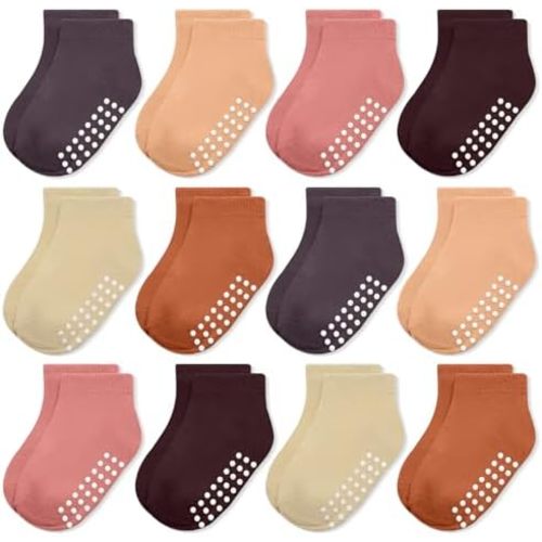 JAKIDAR 12-Pair Baby Socks Non-Slip Cotton Toddler Socks Ankle Socks for Baby Toddler Kids