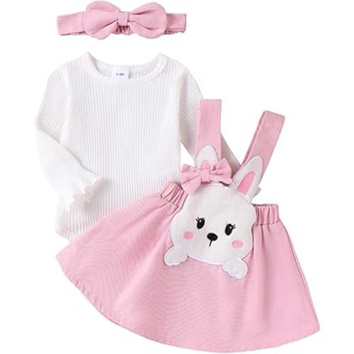 My First Easter Baby Girl Outfit Newborn Rib Knit Onesie Romper Infant Bunny Skirt Dress Toddler Clothes Set (Ribbed Bunny Skirt Set Pink, 0-3 Months)