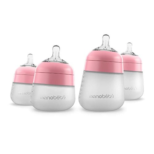 Nanobébé Flexy Silicone Baby Bottle, Anti-Colic, Natural Feel, Non-Collapsing Nipple, Non-Tip Stable Base, Easy to Clean - 4-Pack, Pink, 5 oz and 9oz - 5&9 Ounce 4-Pack