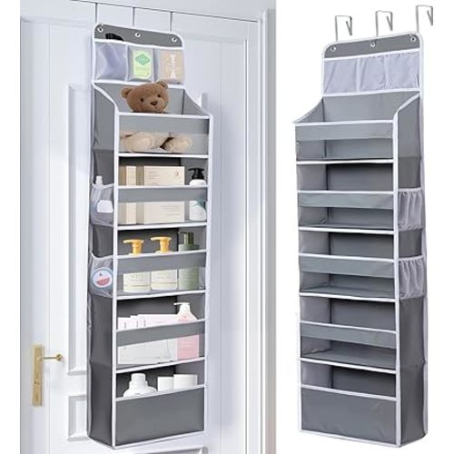 Over the Door Organizer 6 Tier with 12 Pockets & Reinforced Hooks - 59" Hanging Storage Organizer for Bathroom, Nursery, Pantry & Laundry (Light Grey)