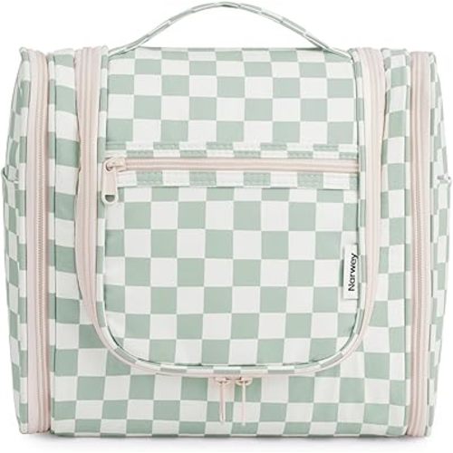 Narwey Checked Hanging Travel Toiletry Bag for Women, Travel Bag for Toiletries, Makeup Bag Organizer Cosmetic Bags Make Up Bags for Women (Mint Green Checkerboard)