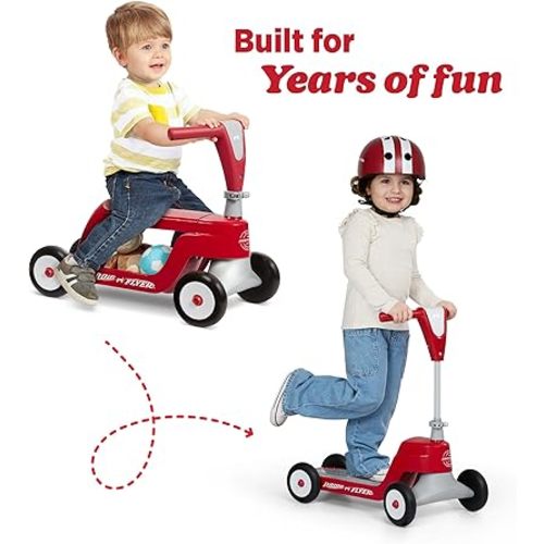 Radio Flyer Scoot 2 Scooter, Blue/Red/Pink, for Kids Ages 1-4, Ride On Toy or 4-Wheel Kids Scooter, Durable Wheels and Frame, Converts Easily with Flip Deck, Toddler Ride On Toys (Amazon Exclusive)