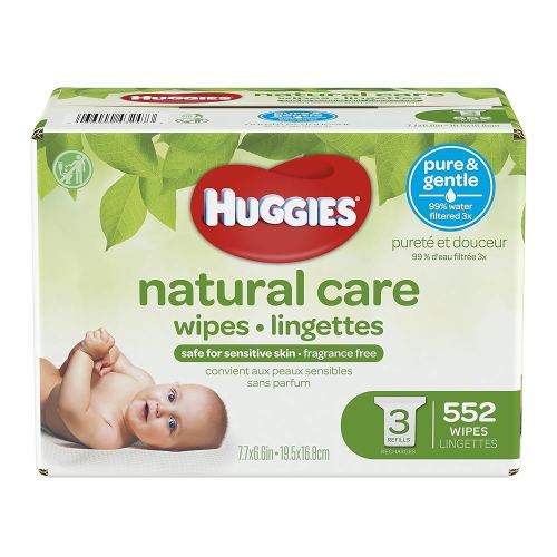 HUGGIES Natural Care Unscented Baby Wipes, Sensitive, 3 Refill Packs, 552 Count Total