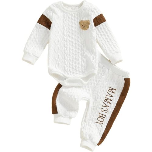 Baby Infant Boy Outfits Mama's Boy Long Sleeve Bear Embroidery Textured Romper With Pants 2Pcs Set