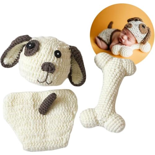 Zeroest Newborn Baby Girl Boy Photography Props Outfits Crochet Knitted Puppy Hat and Shorts Set with Bone for Photo Shoot