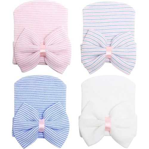 DRESHOW BQUBO 4 Pack Newborn Hospital Hat Infant Baby Hat Cap with Big Bow Soft Cute Knot Nursery Beanie