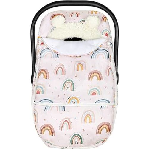 Winter Car Seat Cover Baby Girl Boy, Warm & Windproof Infant Carseat Cover Canopy Protect Baby from Cold Weather, Plush Fleece, Pink Rainbow