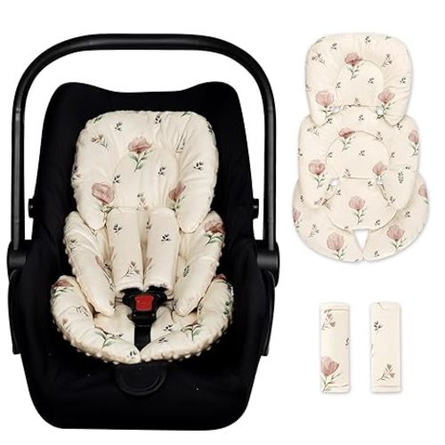 Infant Car Seat Insert with 2 Strap Pads, Super Soft Carseat Head and Body Support for Baby Boys and Girls, Reversible Newborn Car Seat Insert Cushion for Strollers, Bouncers, Swing, Simple Flowers