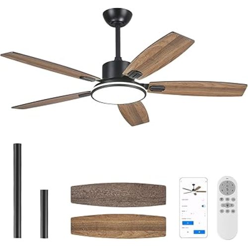 Ceiling Fans with Lights, 52 inch Smart Ceiling Fan with Remote/APP Control, Ultra Silent, 6 Speeds, Dimmable, Modern Flush Mount Low Profile Ceiling Fan for Bedroom Indoor/Outdoor (Black)