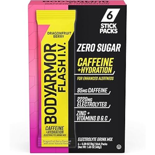 BODYARMOR Caffeine Flash I.V. Dragonfruit Berry flavored Electrolyte Mix, 0.28 oz Packets, 6 Pack