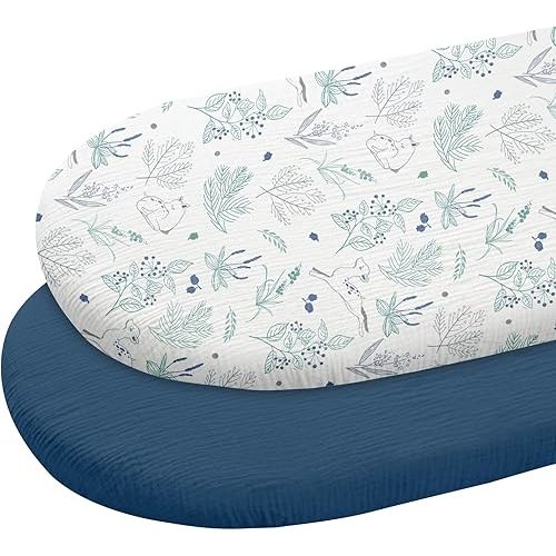 Muslin Bassinet Fitted Sheets, 2 Pack for Baby Boy and Girl, Soft Breathable Baby Pad/Mattress Sheet, Fit for Hourglass Oval and Rectangle Bassinet Mattress (Blue Deer)