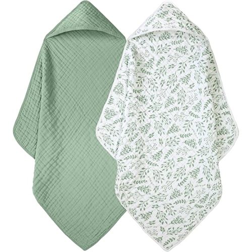 Baby Bath Towels, 100% Muslin Cotton Hooded Baby Towels for Newborn, 2 Pack Baby Towels with Hood for Infant Toddler and Kids, Large 32x32Inch, Soft and Absorbent