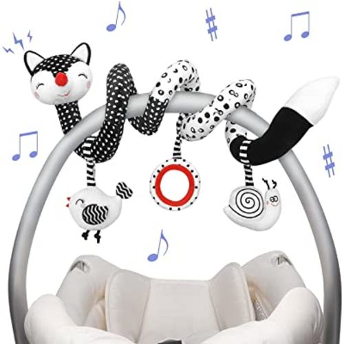 Euyecety Baby Spiral Plush Toys, Black White Stroller Toy Stretch & Spiral Activity Toy Car Seat Toys, Hanging Rattle Toys for Crib Mobile, Newborn Sensory Toy Best Gift for 0 3 6 9 12 Months Baby-Fox