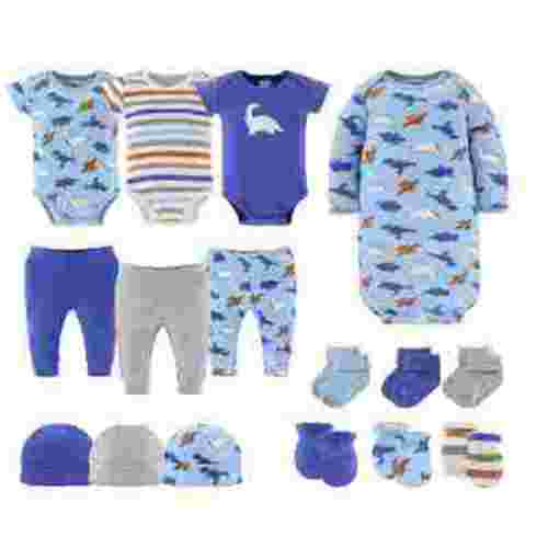 The Peanutshell Blue Dino Newborn Baby Clothes and Essentials, Layette Set for 0-3 Months, 16-Piece