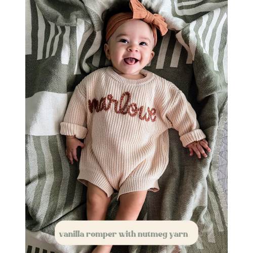 Personalized Hand Embroidered Sweater Romper, Birth Announcement Sweater, Name Sweater, Embroidered Knit Romper, First Birthday Outfit
