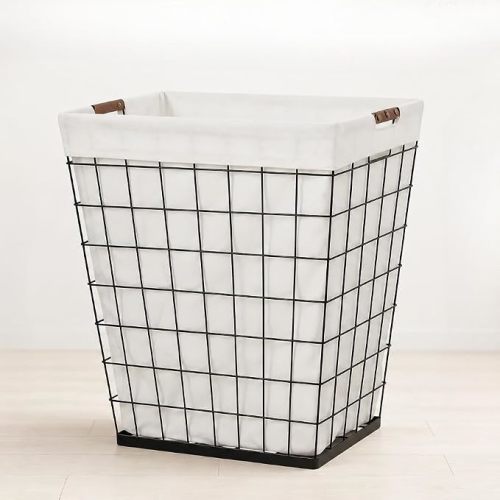 Steel Wire Laundry Hamper with Removable Cotton Blend Liner, 75L Rectangular Laundry Basket Ideal for Laundry, Storage, Decorative,Cream
