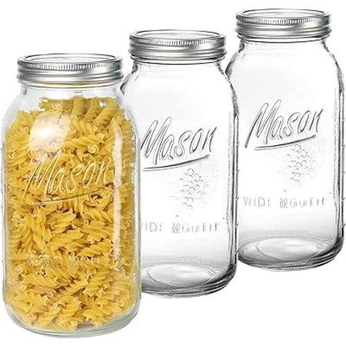 3 Pack Large Mason Jars 64 oz Wide Mouth Half Gallon Mason Jars with Airtight Lid and Band, Durable Glass Food Storage Jars, Clear Glass Jars for Canning, Fermenting, Pickling, Storing
