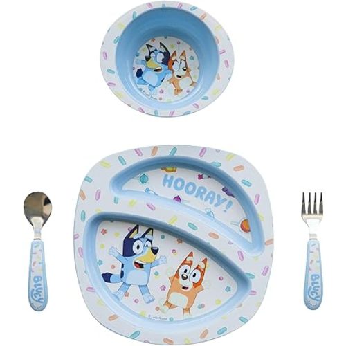 The First Years Bluey 4-Piece Place Setting - BPA Free Dishwasher Safe Toddler Dinnerware Set with Divided Plate, Bowl, Fork, Spoon - Multicolor
