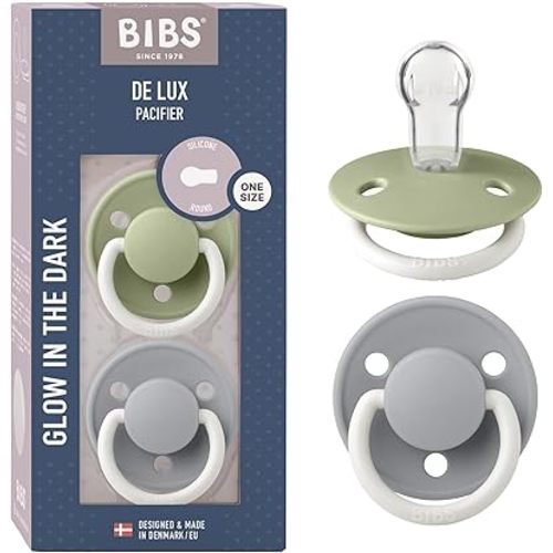 BIBS Pacifiers - De Lux Collection | BPA-Free Baby Pacifier | Made in Denmark | Set of 2 Sage Night/Cloud Night Color Premium Soothers | Size One Size