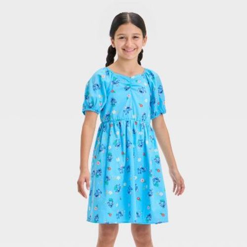 Girls' Lilo & Stitch Ruched Neckline All Over Print Dress - Blue S