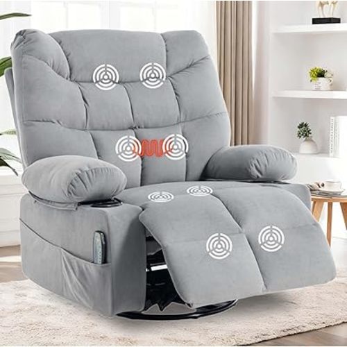 KCQ Swivel Rocker Recliner Chair with Massage and Heat, Fabric Heated Reclining Chairs Manual Recliner with Cup Holder, Rocking Glider Chair for Nursery, Grey