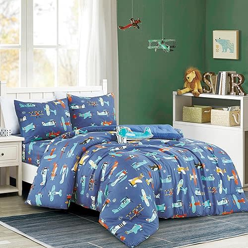 Blue Airplanes print Comforter Set for Boys Girls teen. Twin size Bedding for kids room. Include Twin comforter fitted sheet, pillow sham and Plush Airplane pillow (AIRPLANE, Twin)