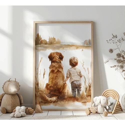 Labrador Retriever nursery print, Boy and Dog print, Toddler room decor, Dog nursery wall art, Kid room decor, Watercolor labrador,Download