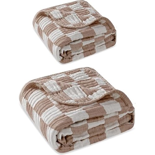 Matching Parent-Child Set (Coffee Checkered) Bamboo Viscose Muslin Blanket