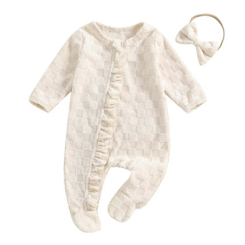Baby Girls 2Pcs Outfit Frill Trim Long Sleeve Footed Jumpsuit Bow Head – August + Willow