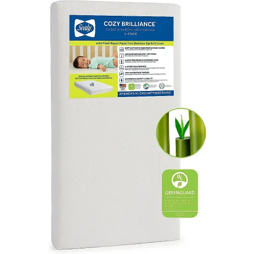 Sealy Baby Cozy Brilliance Breathable Crib Mattress, GREENGUARD GOLD Certified, Made in USA, Firm Dual Firmness, Toddler Bed Fit, Rayon, Waterproof, Non Toxic, Washable Zip Cover, 52” x 28