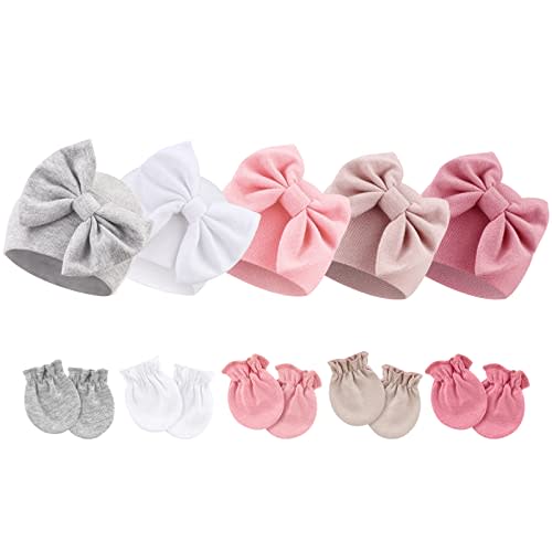 BQUBO Newborn Baby Girls Hats Mittens Set Hospital Hat Beanie Infant Bow Hats Baby Cotton Gloves for 0-6 Months