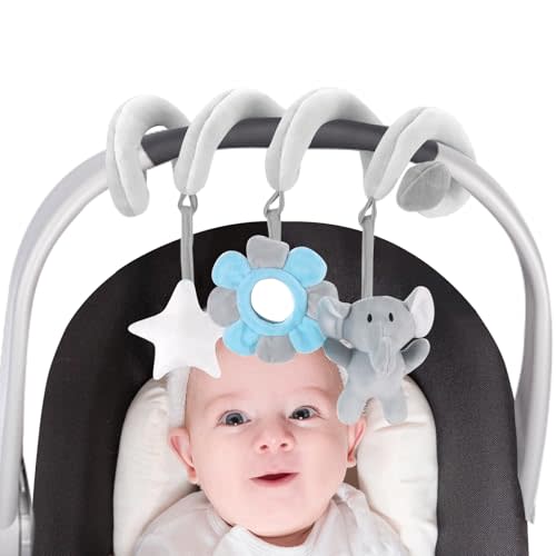 vocheer Car Seat Toys for Babies 0-6 Months Boys, Hanging Rattle Bouncer Toys for Crib Mobile, Infant Spiral Plush Stroller Toy, Grey Elephants