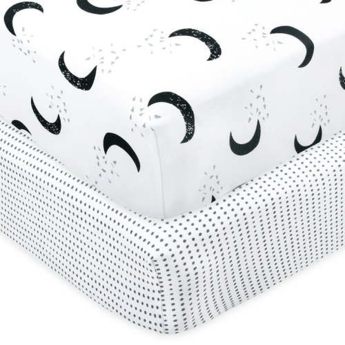 Little Star Organic 100% Pure Organic Cotton Fitted Jersey Crib Sheets, 2 Pk, White-To the Moon and Back