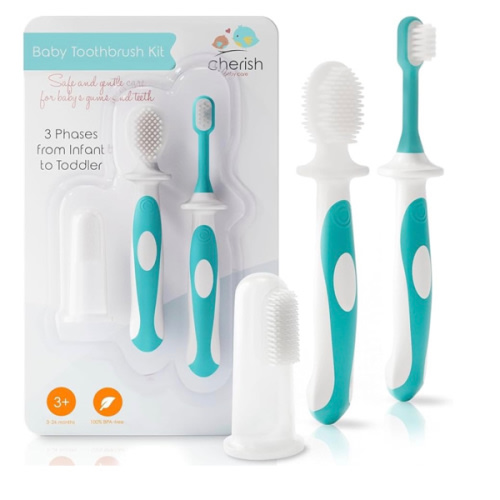 Cherish Baby Care Baby Toothbrush & Toddler Toothbrush Set (0-2 Years) - BPA-Free & Safety-Tested, 2023 Award Winner, Food-Grade Silicone (Teal)