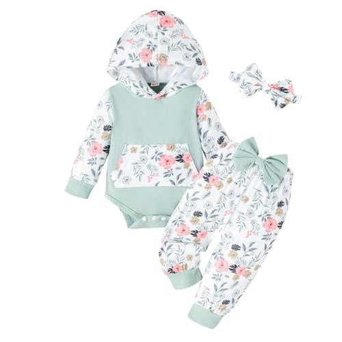 LUNFEGO Newborn Infant Baby Girl Clothes 0-3-6-9-12-18 Months Outfits Sets Hoodie Romper + Pants + Bow Headband for Girls
