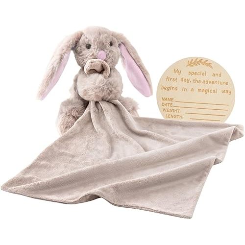 Pink Rabbit Baby Security Blanket Soft Lovey Blanket, Newborn Snuggle Toy, Stuffed Animal, Unisex Cuddle Blanket, Nursery Essentials + Dedication Tag - 19"