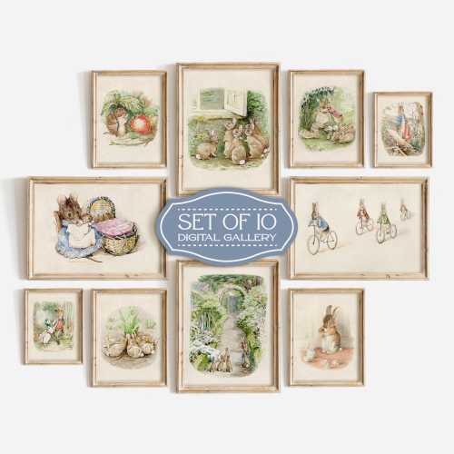 Beatrix Potter Digital Bundle Set of 10, Antique Art of Peter Rabbit, Biker Bunnies, Jemima Puddle Duck, Mr Fox, Vintage Nursery Decor-240D