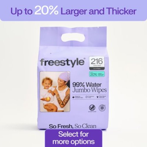 Freestyle Soft Jumbo Wipes for Sensitive Skin, Unscented, 3 Flip-Top Pouch Packs, 216 Total Count