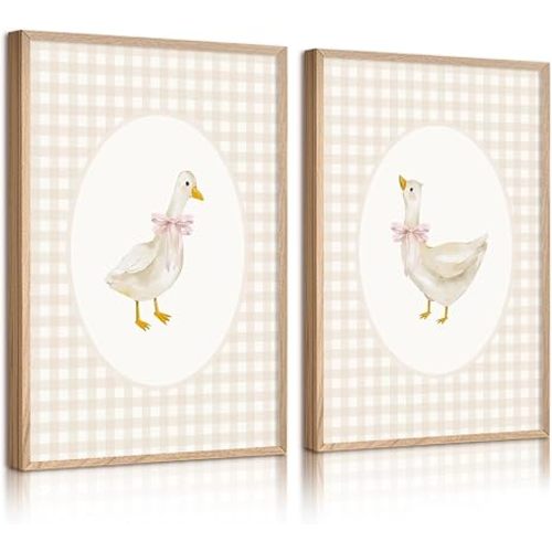 Nursery Goose Wall Art Girl Coquette Canvas Wall Decor Baby Room Wall Art Pink Bow Pictures Vintage Prints Duck Gingham Poster Girl Nursery Painting for Bedroom Living Room 12x16x2 Inch Unframed