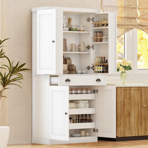 Ebern Designs Kitchen Pantry Cabinet With Sliding Storage Rack And 6 Hanging Shelves & Reviews | Wayfair