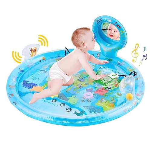 4-in-1 Tummy Time Water Play Mat with Baby Mirror & Teethers and Rattles, Large Infant Newborn Toys, Suitable for 3 6 9 12 Month Baby Girl or Boy Development - Round