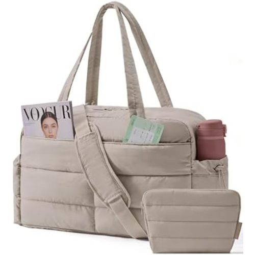 BAGSMART Gym Bag for Women, Lightweight Puffer Duffle Bag 2-PC Travel Bag, 31L Weekender Overnight Bag Quilted Carry On Tote Bag, Diaper Hospital Dance bag for Travel, Gym, Water Resistant, Camel