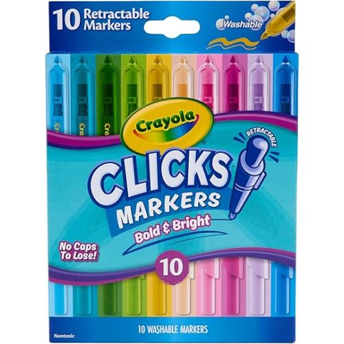 Crayola Clicks Retractable Markers - Bold (10ct), Stocking Stuffers for Kids & Toddlers, Christmas Gifts for Grandkids, No Dry Washable Markers for Kids