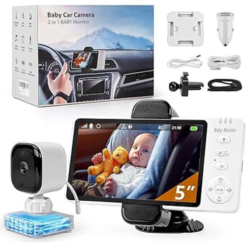 2000mAh Wireless Baby Car Camera 3500mAh Monitor Auto On/Off Car Baby Camera Monitor No Wifi - Carseat Mirror with Brightness Volume Zoom/Night Vision/Temp/Feeding/2-Way Talk/8 Lullaby/Vox