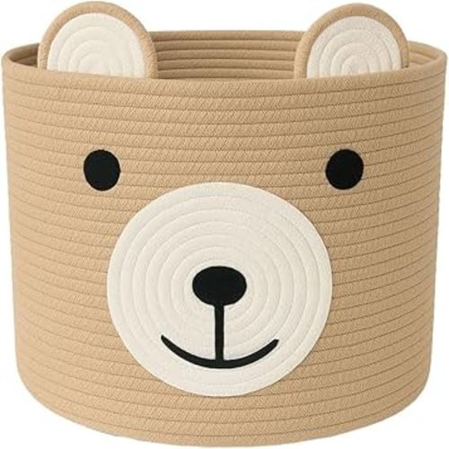 Baby Laundry Basket, Bear Basket, Baby Shower Baskets, Bear Gift Baskets for Kids, Nursery, Toy Storage, Cotton Rope Hamper with Handles (Light Brown, 15" D x 13" H)
