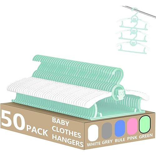 HGYZE Kid Hangers for Closet 50pcs, Green Infant Clothes Hanger 11-14" Adjustable Plastic Baby Coat Hangers with Bear Hook, Non-Slip Children Outfit Hangers for Boy Toddler Newborn Teen Clothing