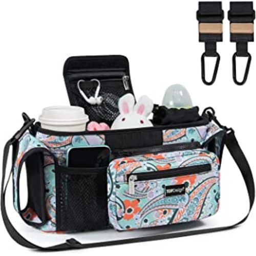 TOPDesign Universal Baby Stroller Organizer, Stroller Caddy with Heightened Insulated Cup Holders & Non-Slip Secure Hooks Accessories, Fits Most Strollers, Machine Washable (Green Bandanna)