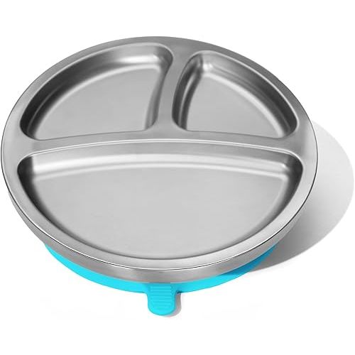 Avanchy Baby Plates with Suction – Stainless Steel Divided Plates for Toddlers, BPA-Free, Dishwasher Safe, Unbreakable, Non-Toxic, 100% Silicone Suction – Blue